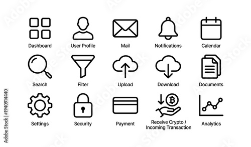 Essential icons for digital interface: dashboard, user profile, mail, notifications, security