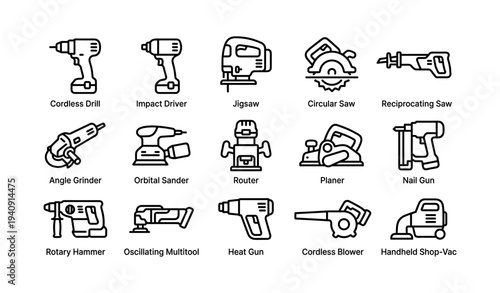 Icon set of various power tools including drill, saw, grinder, sander, and more