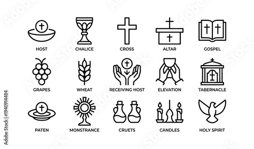 Symbols of christian worship: cross, chalice, altar, gospel, and more