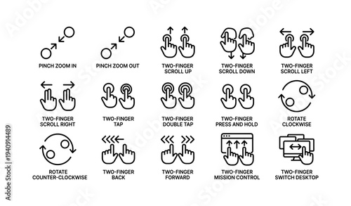 Gesture icons for touchscreen devices: pinch, two-finger scroll, rotate, switch desktop