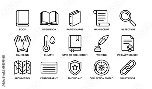 Library icons set: book, manuscript, inspection, handling, cartography