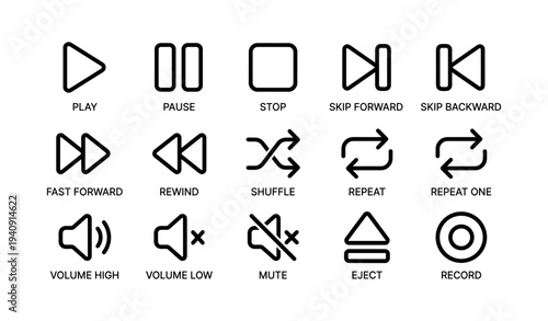 Audio control icons set including play pause stop shuffle repeat mute