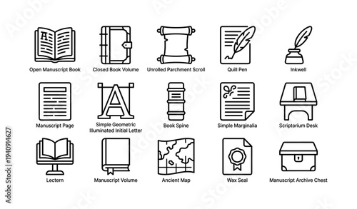 Historical writing tools and manuscript icons collection