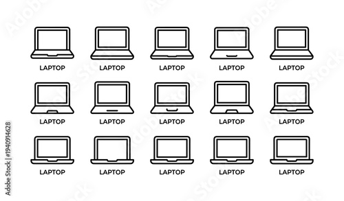 Set of 16 simple laptop icon designs in black and white