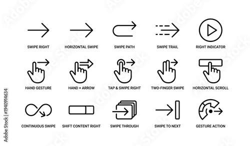 Gesture icons: swipe, tap, arrow, hand direction collection