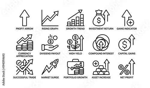 Financial growth icons: profit arrows, investment returns, market trends, capital gains, dividend payouts