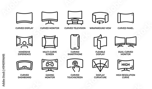 Icons of curved displays and monitors featuring devices and screen types