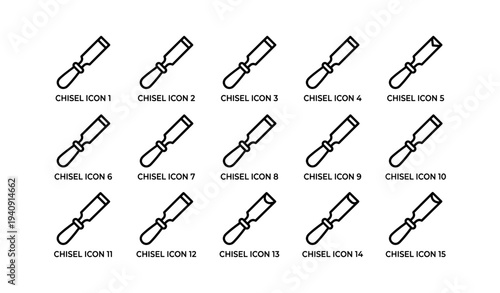 Collection of 15 minimalist chisel icons in grid layout