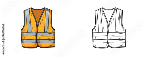 Safety vest in flat colored and linear cartoon style with orange fabric and grey reflective stripes used for high visibility in construction zones on a clean white background