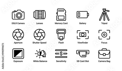 Photography equipment icons set: camera, lenses, tripod, flash, aperture, sd card slot
