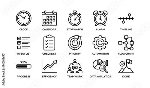 Productivity icons: clock, calendar, stopwatch, alarm, timeline, to-do list, checklist, priority, automation, flowchart, progress, efficiency, teamwork, data analytics, goal