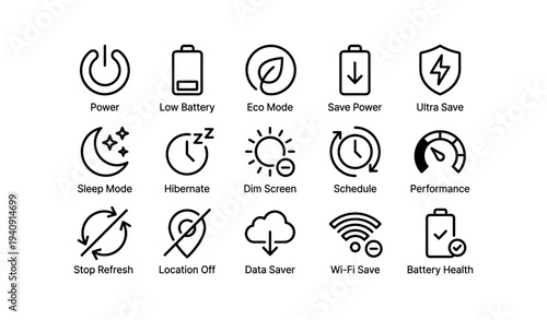 Power and efficiency icons set: battery, eco, mode, performance, health symbols