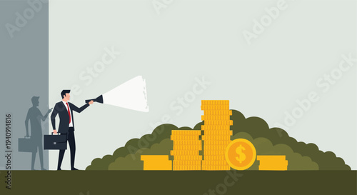 Businessman with flashlight finds money. Financial discovery concept. Flat illustration. Wealth search.