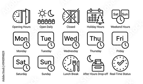 Opening and closing icons: weekdays, weekends, holidays, lunch breaks