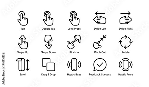 Touch gestures icons: tap, swipe, pinch, rotate, scroll, drag, haptic feedback