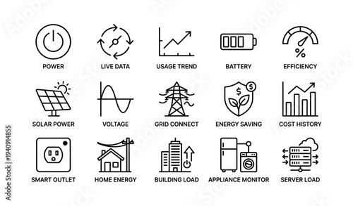 Energy monitoring icons: solar, battery, efficiency, smart grid, home energy