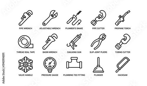 Collection of plumbing tools: wrench, snake, cutter, torch, and more icons