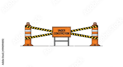 Under Construction Barrier, Roadwork Signage, Flat Vector Illustration, Warning Symbol