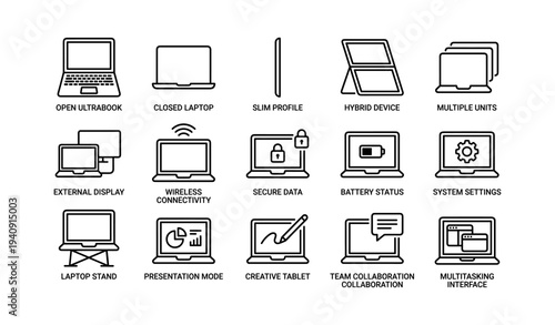 Minimalist laptop icons set: ultrabook, connectivity, collaboration, hybrid, security