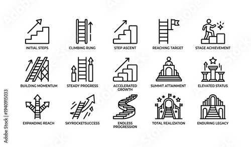 Business growth and achievement icons representing progress, success, and advancement