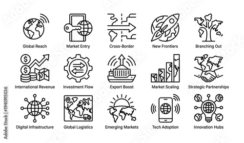 Global business icons illustrating market entry and international expansion strategies