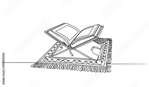 Minimalist One Line Drawing Open Quran on Placemat Islamic Ramadan Kareem and Eid Mubarak Greeting Concept Vector