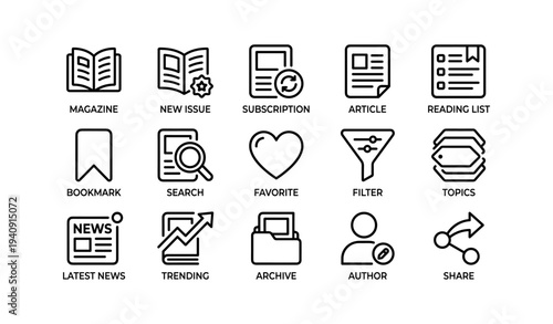 Set of black line icons for magazine, subscription, article, search, and more
