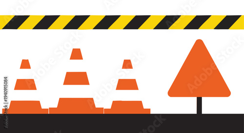 Traffic cones warning sign. Road construction barrier. Flat vector illustration. Safety graphic.