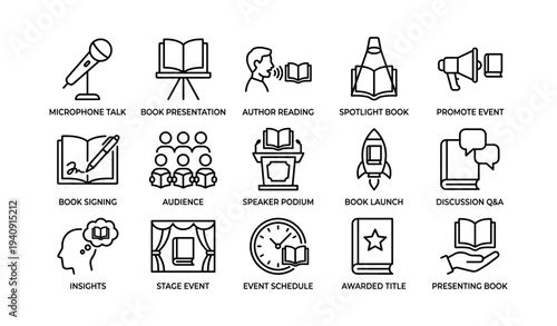 Book event icons: presentation, reading, signing, launch