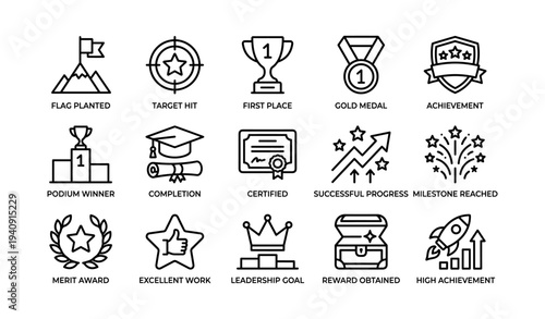 Icons of achievement and success: trophies, medals, and awards for completion and excellence