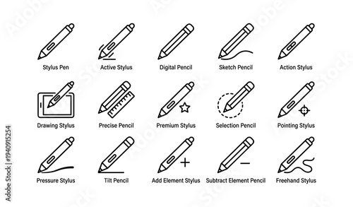 Stylus and pencil line icons set: digital, sketch, precise, action, selection, drawing tools