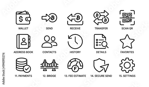 Cryptocurrency icon set: wallet, send, receive, transfer, secure transaction