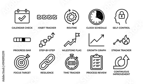 Time management icons: calendars, trackers, graphs for productivity and self-improvement