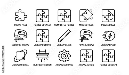 Jigsaw puzzle process and tools icons set