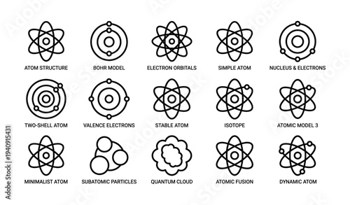 Collection of atomic models and structures illustrating atom science concepts