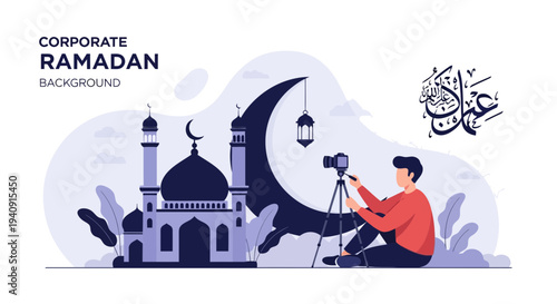 Elegant Ramadan Kareem background featuring crescent moon, glowing lanterns, and mosque silhouette with islamic geometric patterns, perfect for greeting cards, banners, and religious celebration desig