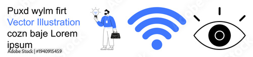 Online connectivity, creativity, innovation, technology, idea generation, visual monitoring. A businessman holding a light bulb, wireless signal and an eye icon. Online connectivity and creativity