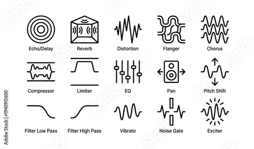 Audio processing effects icons: echo, reverb, distortion, flanger, chorus, eq, limiter, exciter