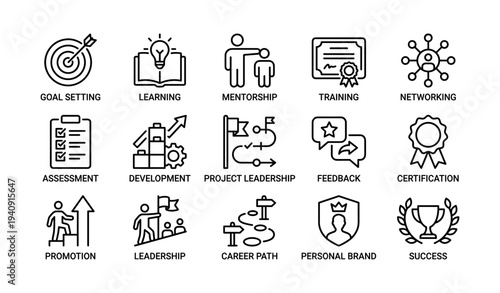 Icons representing professional development and leadership skills