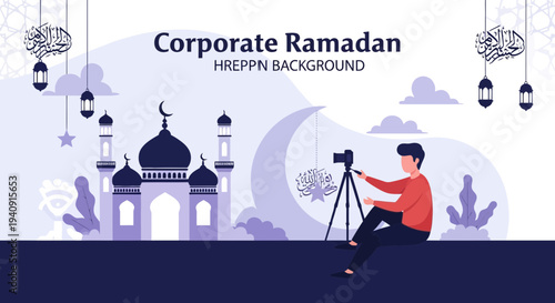 Elegant Ramadan Kareem background featuring crescent moon, glowing lanterns, and mosque silhouette with islamic geometric patterns, perfect for greeting cards, banners, and religious celebration desig