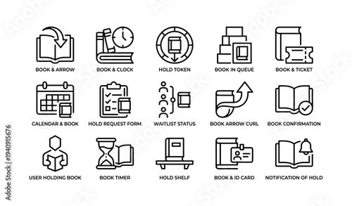 Library icon set: books, tokens, calendar, waitlist, timer, shelves, cards
