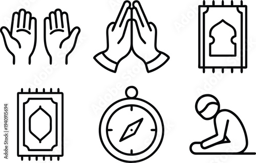 Islamic Prayer and Religious Line Icons Set – Dua Hands, Prayer Rug, Qibla Compass and Muslim Salah Worship Outline Vector