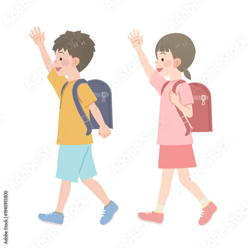 手を上げながら歩く小学生のイラスト