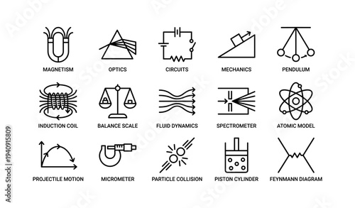 Physics icon set featuring circuits, mechanics, dynamics, atom models, and more