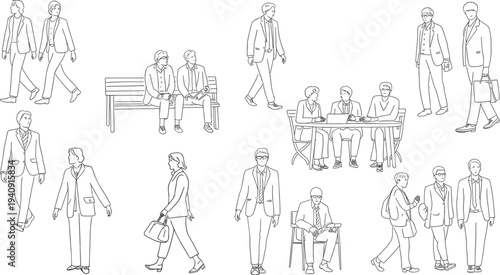 Business people line art set, office workers walking sitting meeting, corporate professional characters outline illustration isolated collection