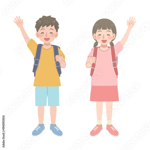 手を上げるランドセルを背負った小学生のイラスト