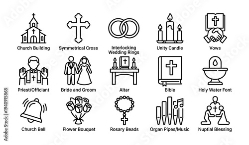 Religious wedding icon set: church, rings, candle, priest, bride, groom