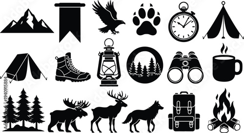 Camping and hiking icons collection, outdoor adventure equipment wildlife forest travel symbols isolated black silhouette vector set