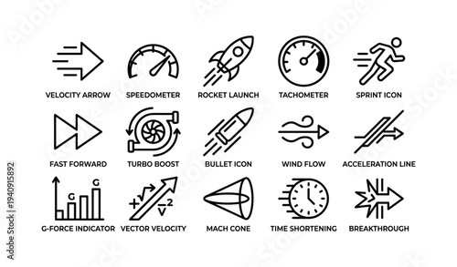 Icons of speed and motion: arrows, rockets, gauges, racing symbols