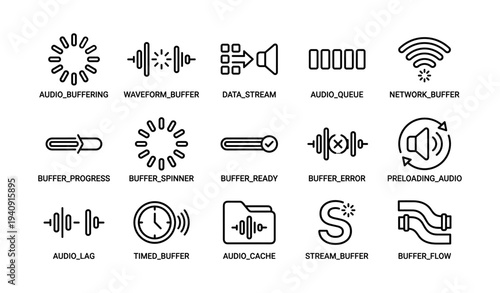 Buffering icons: audio, network, loading, streaming, timed, cache, error, progress